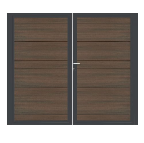 CompoGarden composiet poort Geborsteld horizontaal – Donkerbruin met antraciet stalen frame