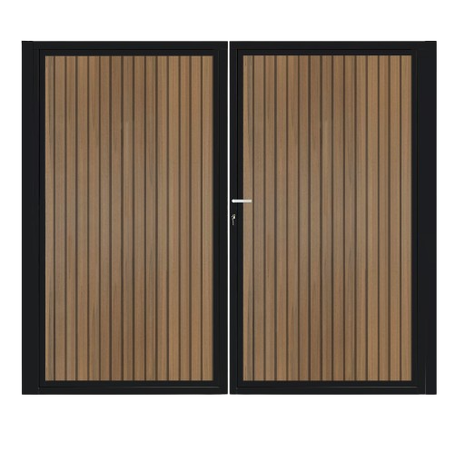 CompoGarden dubbele composiet poort Rhombus verticaal – Teak met zwart stalen frame