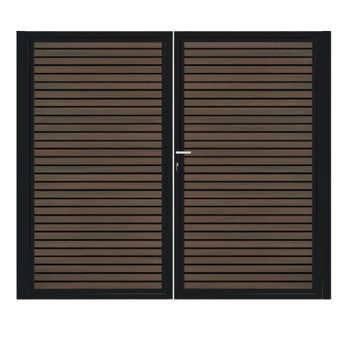 CompoGarden dubbele composiet poort Rhombus Schaduw horizontaal – Donkerbruin met zwart stalen frame