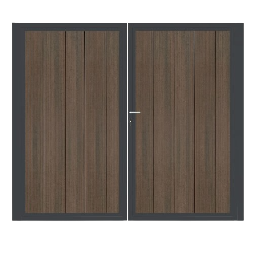 CompoGarden composiet poort Geborsteld verticaal – Donkerbruin met antraciet stalen frame