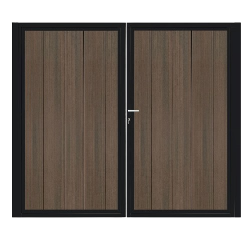 CompoGarden composiet poort Geborsteld verticaal – Donkerbruin met zwart stalen frame