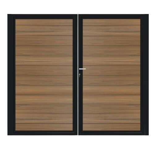 CompoGarden composiet poort Geborsteld horizontaal – Teak met zwart stalen frame