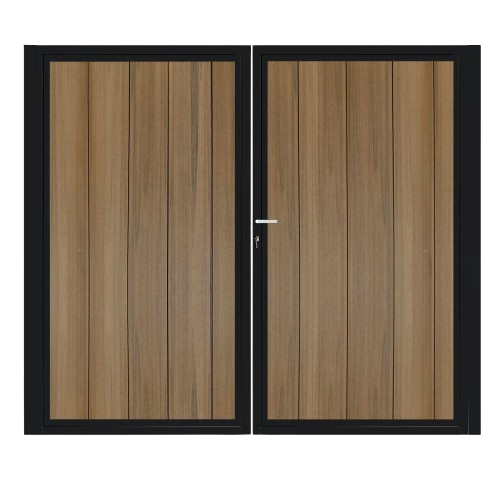 CompoGarden composiet poort Geborsteld verticaal – Teak met zwart stalen frame