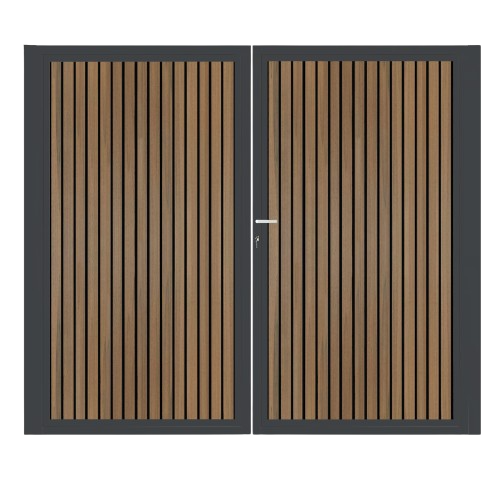 CompoGarden dubbele composiet poort Rhombus Schaduw verticaal – Teak met antraciet stalen frame