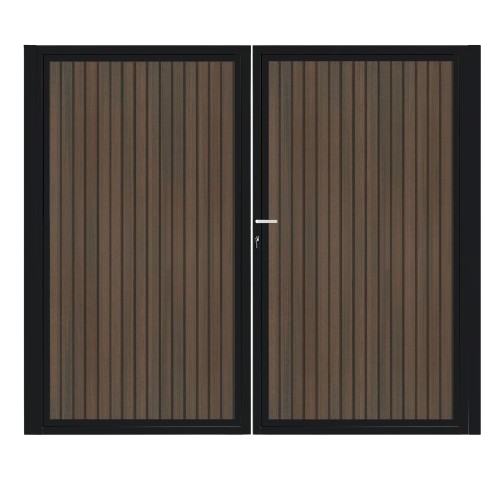 CompoGarden dubbele composiet poort Rhombus verticaal – Donkerbruin met zwart stalen frame