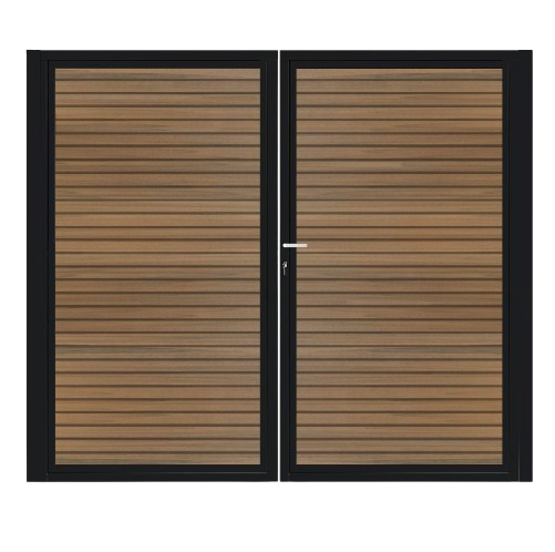 CompoGarden dubbele composiet poort Rhombus horizontaal – Teak met zwart stalen frame