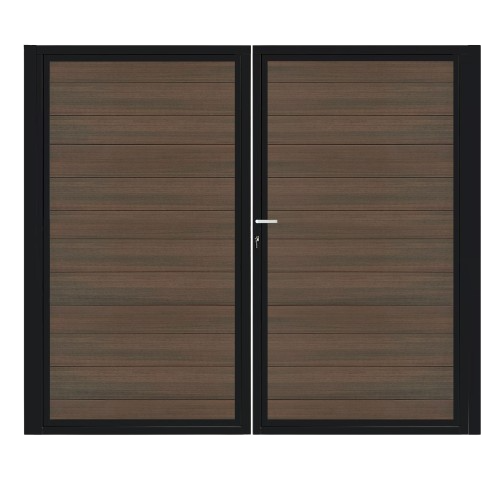CompoGarden composiet poort Geborsteld horizontaal – Donkerbruin met zwart stalen frame