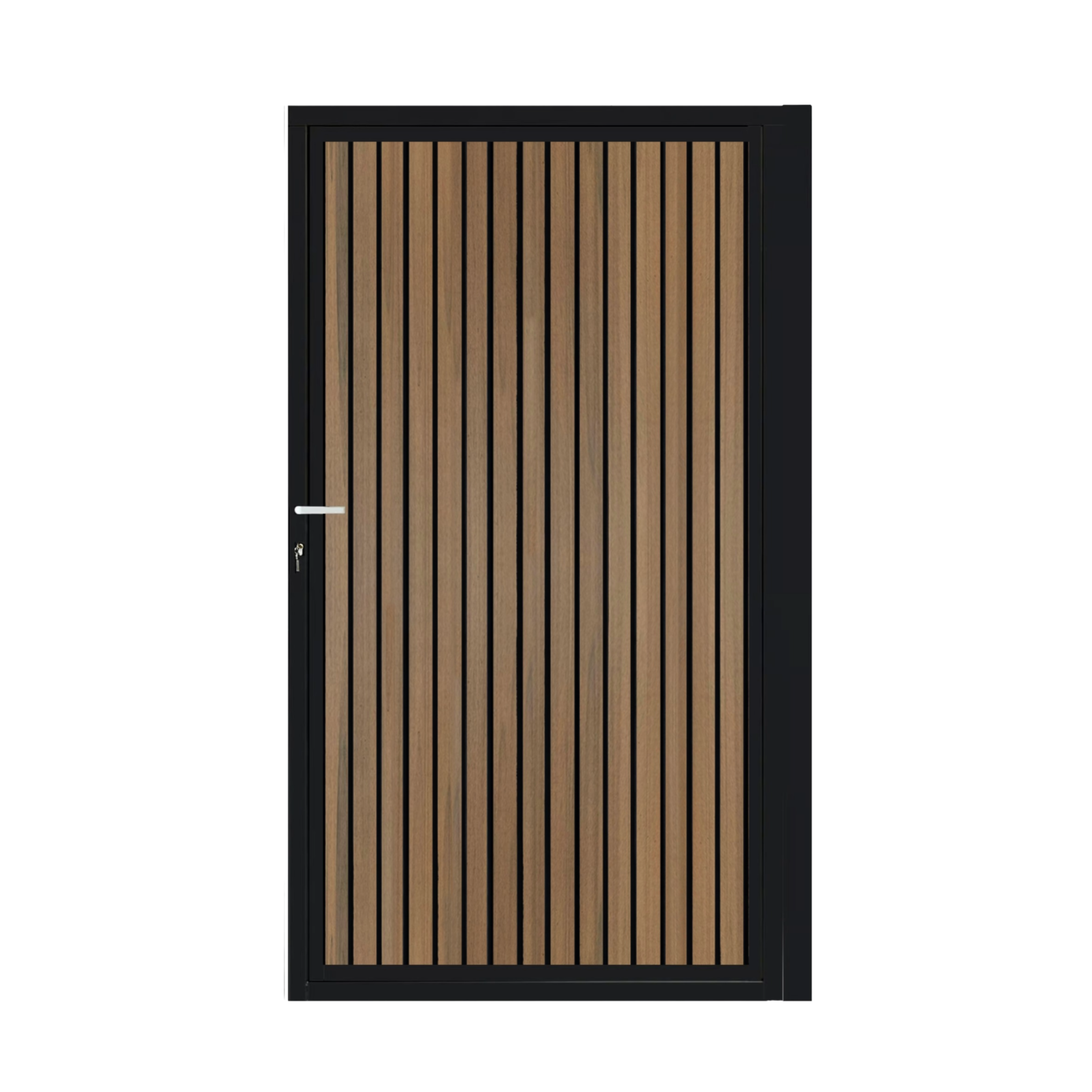 CompoGarden composiet poort Rhombus Schaduw verticaal – Teak met zwart aluminium frame