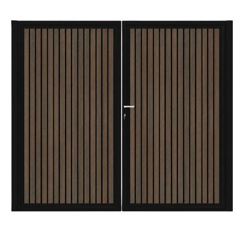 CompoGarden dubbele composiet poort Rhombus Schaduw verticaal – Donkerbruin met zwart stalen frame