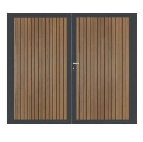 CompoGarden dubbele composiet poort Rhombus verticaal – Teak met antraciet stalen frame