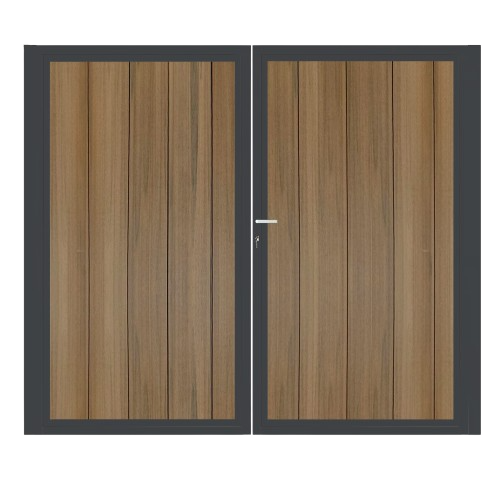 CompoGarden composiet poort Geborsteld verticaal – Teak met antraciet stalen frame
