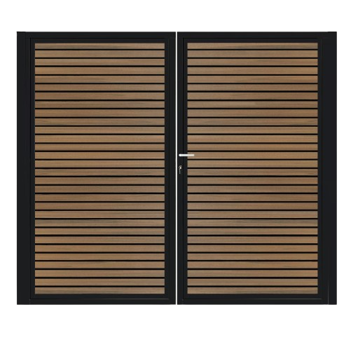 CompoGarden dubbele composiet poort Rhombus Schaduw horizontaal – Teak met zwart stalen frame