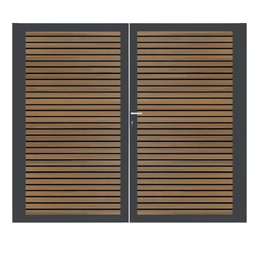 CompoGarden dubbele composiet poort Rhombus Schaduw horizontaal – Teak met antraciet stalen frame