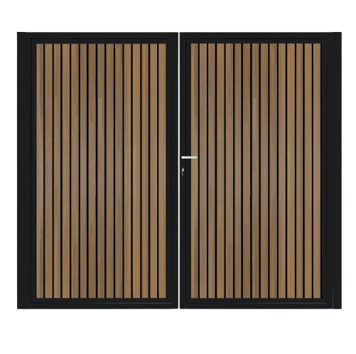 CompoGarden dubbele composiet poort Rhombus Schaduw verticaal – Teak met zwart stalen frame