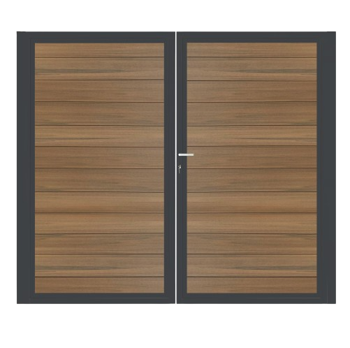 CompoGarden composiet poort Geborsteld horizontaal – Teak met antraciet stalen frame